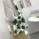 Women Plush Flower Pattern Handbag Lady Warm Large Shoulder Bag (Green)