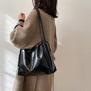 Retro PU Women Solid Color Bucket Bags Drawstring Large Capacity Shoulder Bag