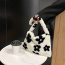 Women Flower Heart Printing Shoulder Bag Fashion Autumn Winter Plush Handbags
