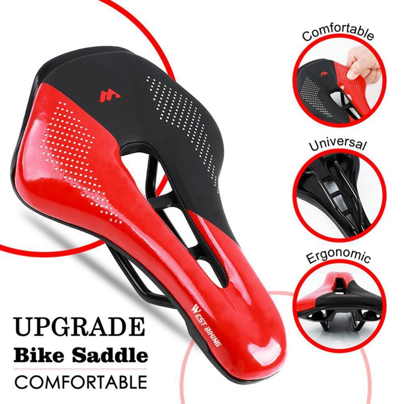 WEST BIKING Bicycle Saddle PU Leather MTB Hollow Seat Cushion (Black Red) Newly