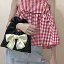 Fashion Women Casual Pleated PU Contrast Color Bowknot Small Tote Purse Handbags