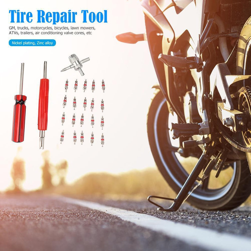 For Car Truck Motorcycle ATV 20pcs Valve Cores with Removers+4-Way Valve Tool