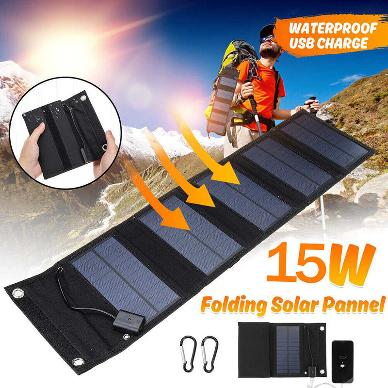 Waterproof 15W Foldable USB Solar Panel Outdoor Battery Charger (Black)