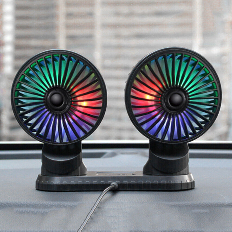 F404D Car Fan USB Dual Head Dashboard Fan with LED Lights for 12V 24V Truck SUV