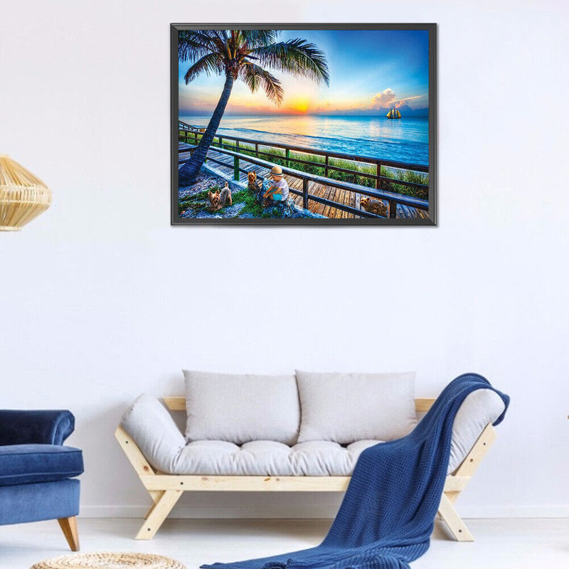 5D DIY Diamond Painting Full Round Drill Seaside Sunset Decor Rhinestone Crafts