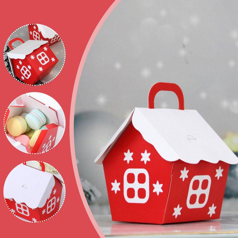 10Pcs/Set Red Christmas Candy Box House Shape Papers Cookie Packing Containers#