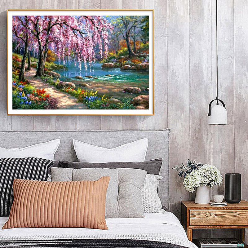 Frameless Oil Paint By Numbers River Flower Trees DIY Canvas Picture Kit
