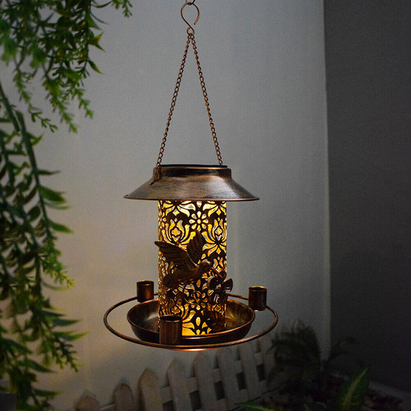 Solar Bird Feeder LED Light Metal Hanging Garden Yard Backyard Decor Lanterns
