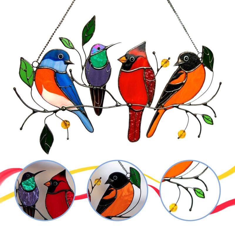 Color Birds on A Wire, Stained Glass  Window Hanging Panel (2) Newly