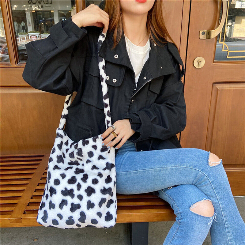 Cow Print Crossbody Bag Plush Women Fashion Big Capacity Shoulder Pouch (2)