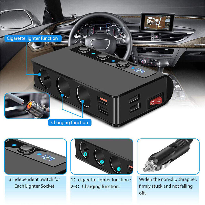 Cigarette Lighter 3 Socket 180W DC Power Adapter USB Car Charger (Black) Newly