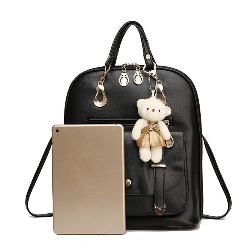 Women Student Preppy Style Cute Bear Pendant Bookbag Backpack(Black)