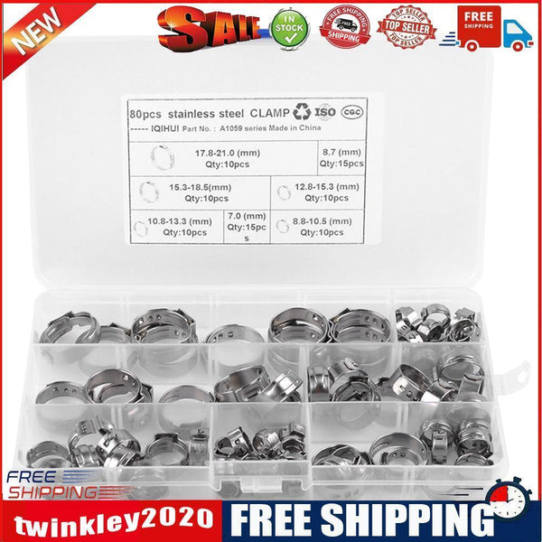 80pcs/Lot 304 Stainless Steel Single Ear Hose Clamps 7-21mm Assortment Kit