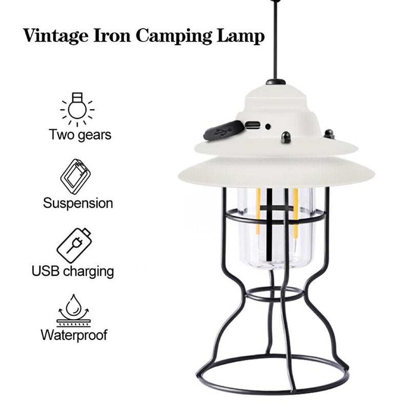 Retro LED Camping Lamp Outdoor Hanging Lantern Waterproof 2 Mode Nightlight