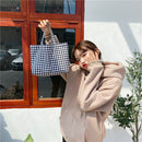 Women Portable Cloth Shopping Handbag Tote Plaid Food Picnic Bags (Black)