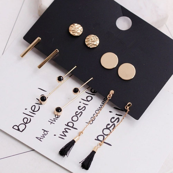 Women Trendy Mixed Black Tassel Ear stud Long Dangle Drop Alloy Earring Sets
