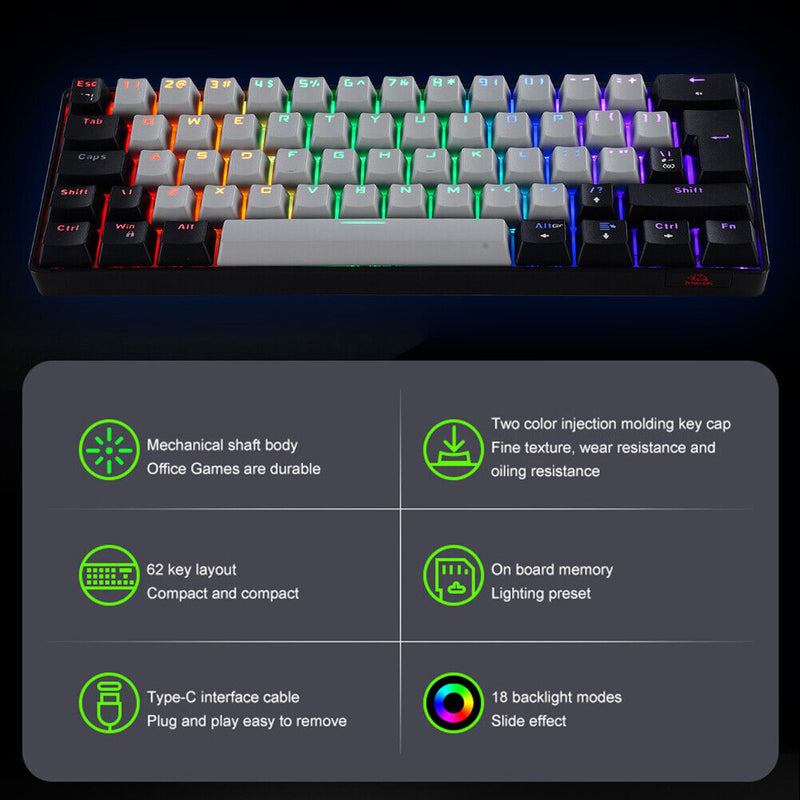 T60 62 Keys NKRO Wired Gaming Computer Mechanical Keyboard (Black Grey)