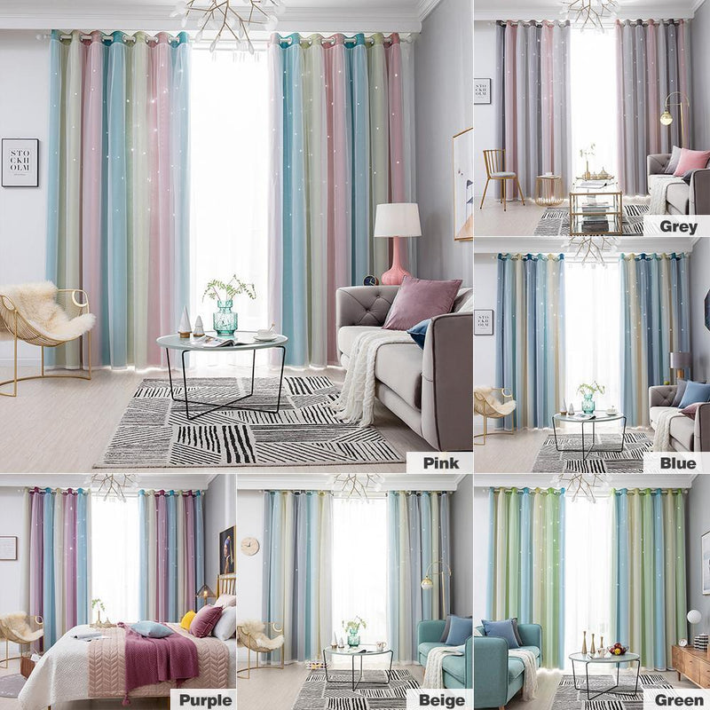 Gradient Hollow Star Curtain Bedroom Full Blackout Window Drapes (Purple)