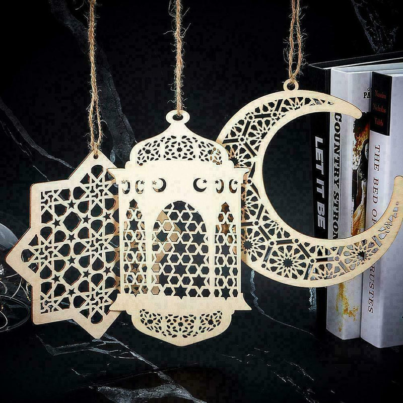 3pcs Eid Ramadan Mubarak Hollow Wooden Hanging Lantern Decorations 2022