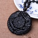 Women Black Reiki Dragon Phoenix Carved Obsidian Necklace Lucky Pendant BaGua
