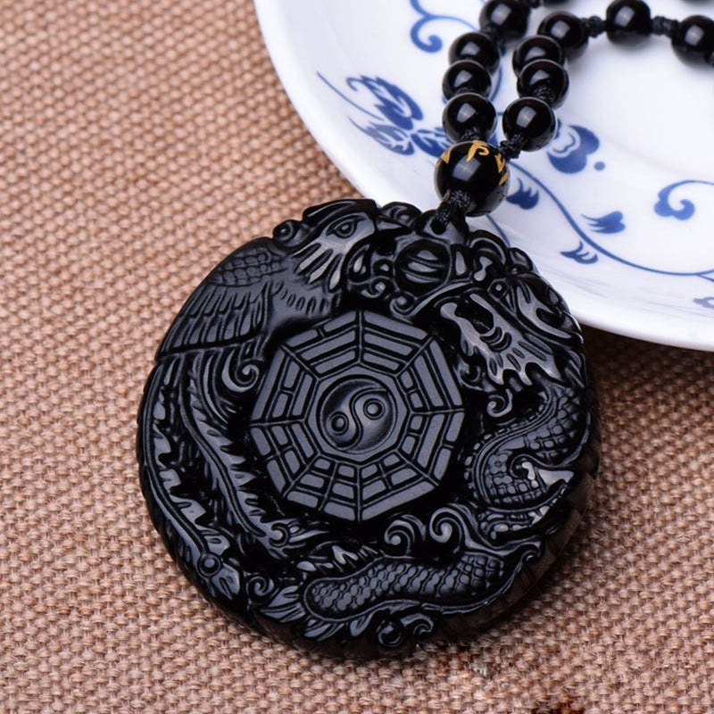 Women Black Reiki Dragon Phoenix Carved Obsidian Necklace Lucky Pendant BaGua