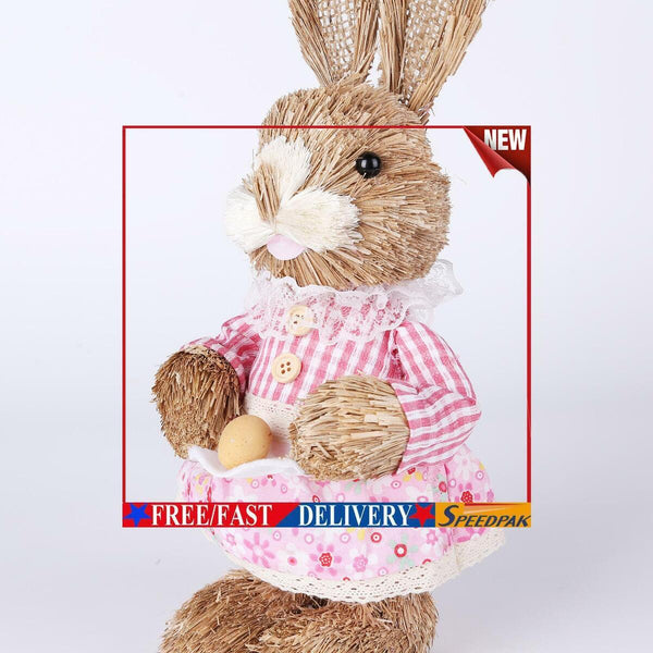 Straw Rabbit Ornament, 12 inch Standing Bunny with Carrot for Easter (5) #F