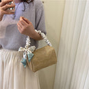 Woven Shoulder Bag Silk Scarf Pleated Travel Messenger Tote Handbag (Khaki)