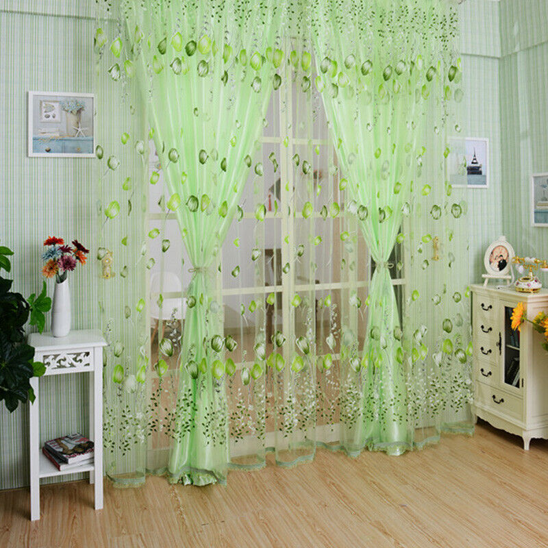 Tulip Flower Yarn Sheer Window Curtain Scarf Drapes for Bedroom (Green)