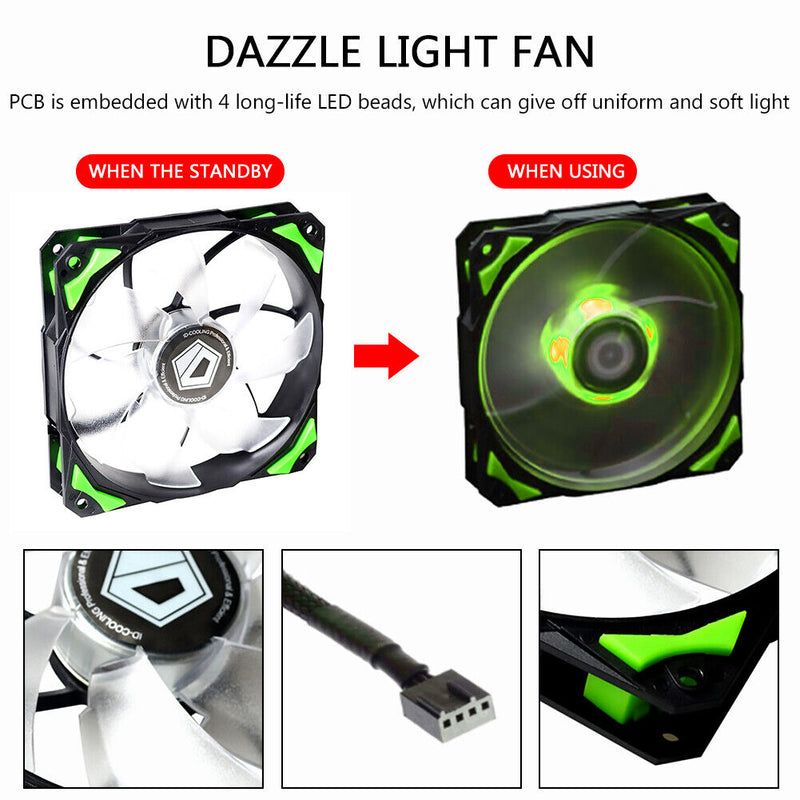 ID-COOLING PL-12025 LED 120mm Cooling Fan w/ De-Vibration Rubber CPU Cooler Fan