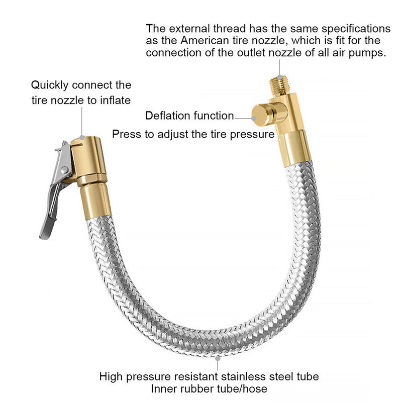 Car Motorcycle Bike Tire Inflator Hose Stainless Steel 300PSI Pressure for Truck