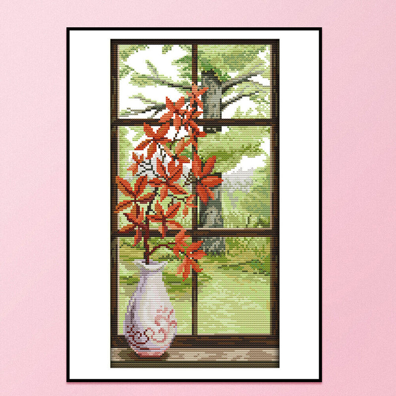 Partial Cross Stitch Cotton Needlework Kit Printed Red Leaves Decor Handicraft