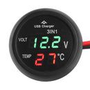 3 in 1 12/24V Car Car LED Digital Voltmeter Meter + Thermometer + USB Charging
