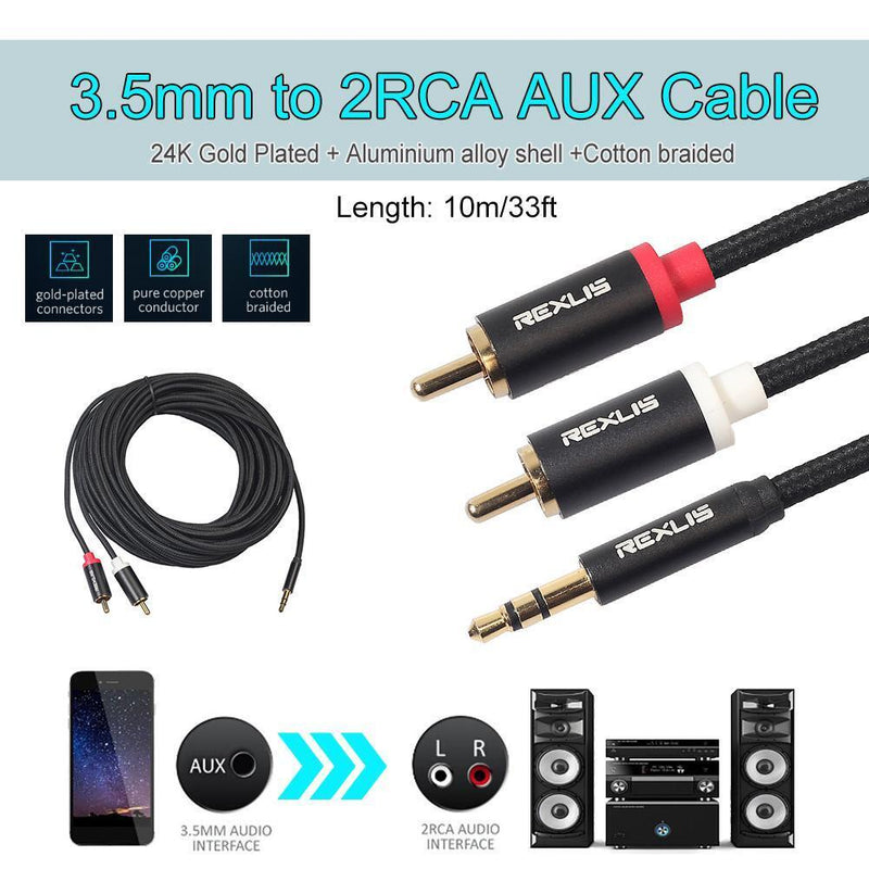 3pcs 3.5mm Jack Male to 2 RCA Aux Cable Cotton Braid for Home Theate (10 m)