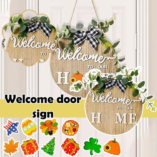 Welcome Sign Front Door Decoration Interchangeable Rustic Round Wood Wreaths~