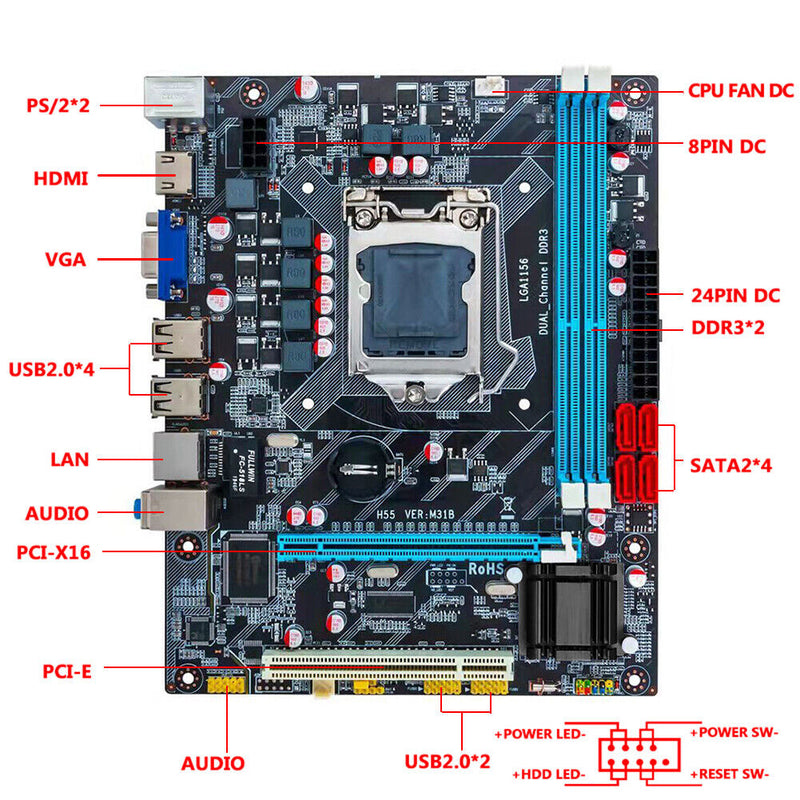 H55 Motherboard+Intel Core i5-760 CPU+2xDDR3 4G VGA HDMI-Compatible Accessories