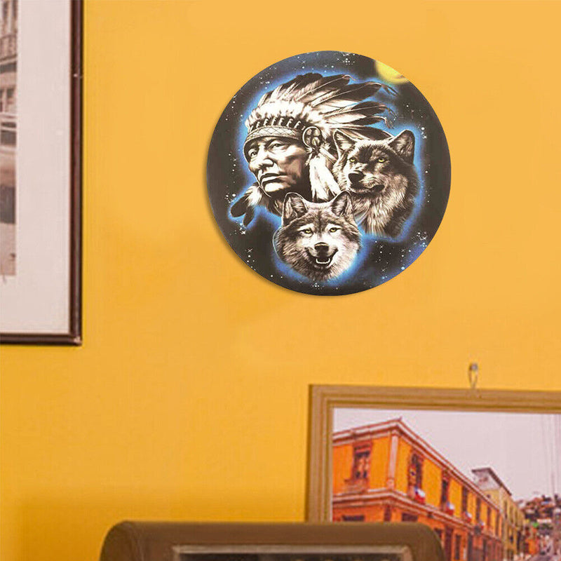 Round Metal Tin Sign Plaque Wall Old Man Wolf Posters Iron Art Painting