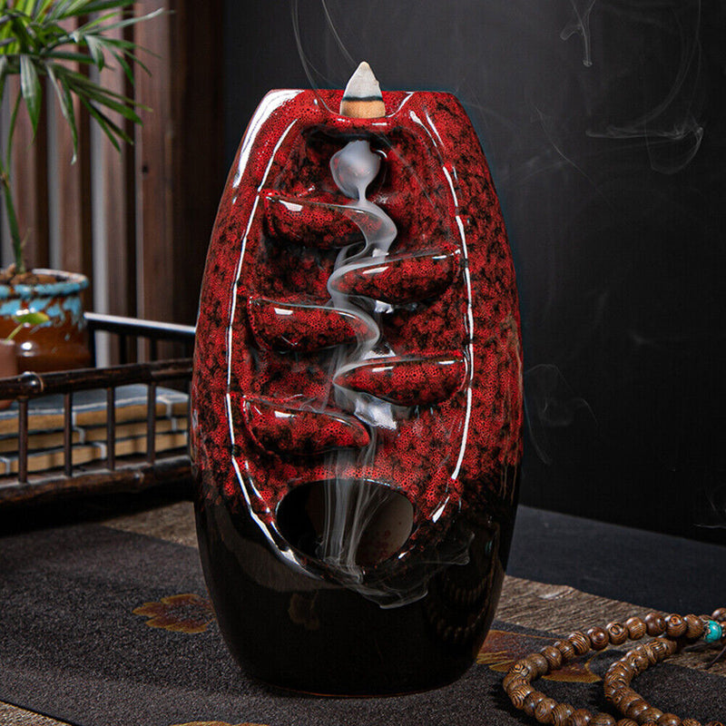 Incense Holder Ceramic Backflow Waterfall Incense Burner with 50 Cones (B) Newly