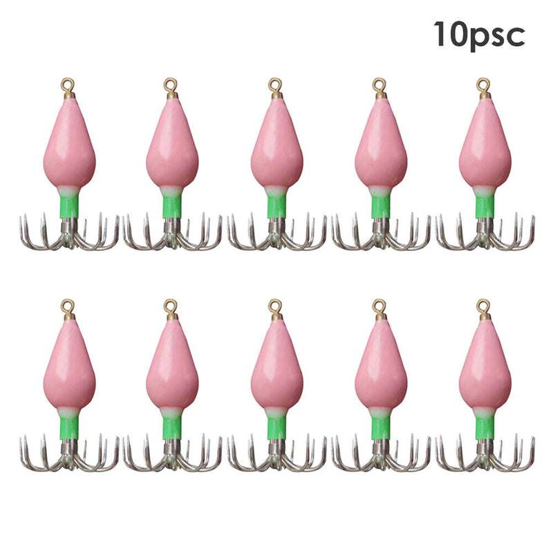 10pcs Squid Jigs Hooks Cuttlefish Octopus Bait Fishhook (Pink Luminous 30g)