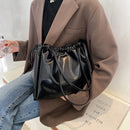 Retro PU Women Solid Color Bucket Bags Drawstring Large Capacity Shoulder Bag