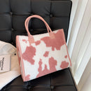 Women Leather Plush Print Handbag Winter Retro Large Capacity Tote Shopping Bags