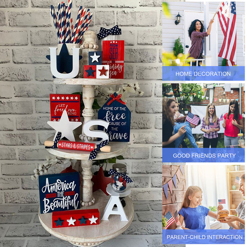 Independence Day Patriotic Ornaments - Blue Red & White Wooden Craft Decor Newly