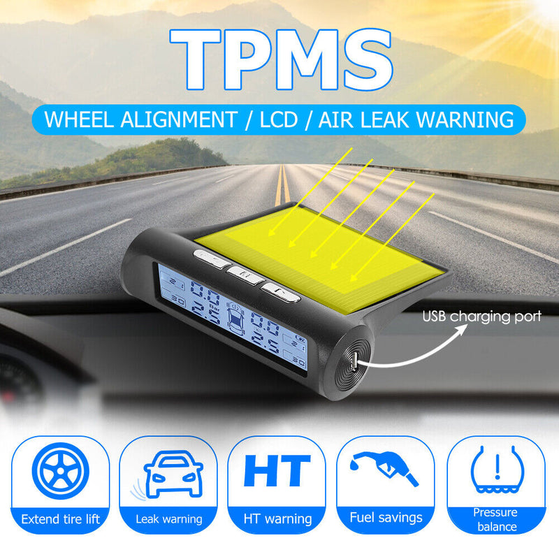 Solar Car TPMS Black White Screen Tire Pressure Monitoring System with 4 Sensors