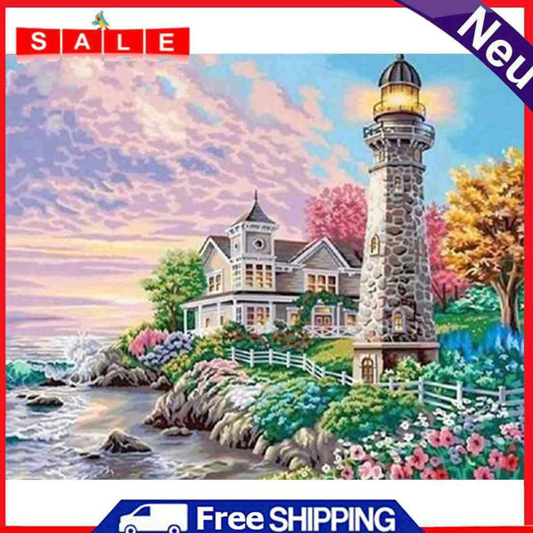 Canvas Paint By Numbers Seaside Villa Lighthouse Oil Hand Painted Drawing Kits