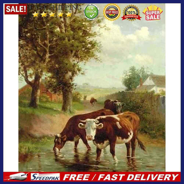 Oil Painting By Numbers Acrylic Watering Cows Digital Picture Handmade Art