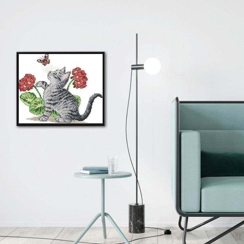 14CT Printed Partial Cross Stitch Handcraft Flower Cat Artwork Wall Decor