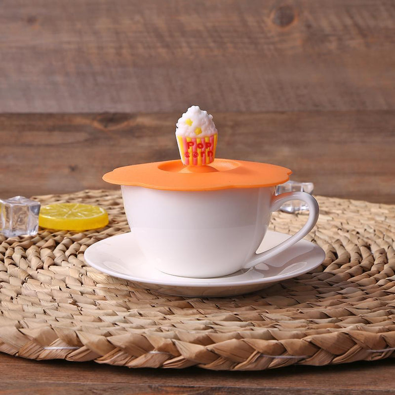 5pcs Silicone Cup Cover Heat-resistant Leak Proof Cartoon (Orange Popcorn)