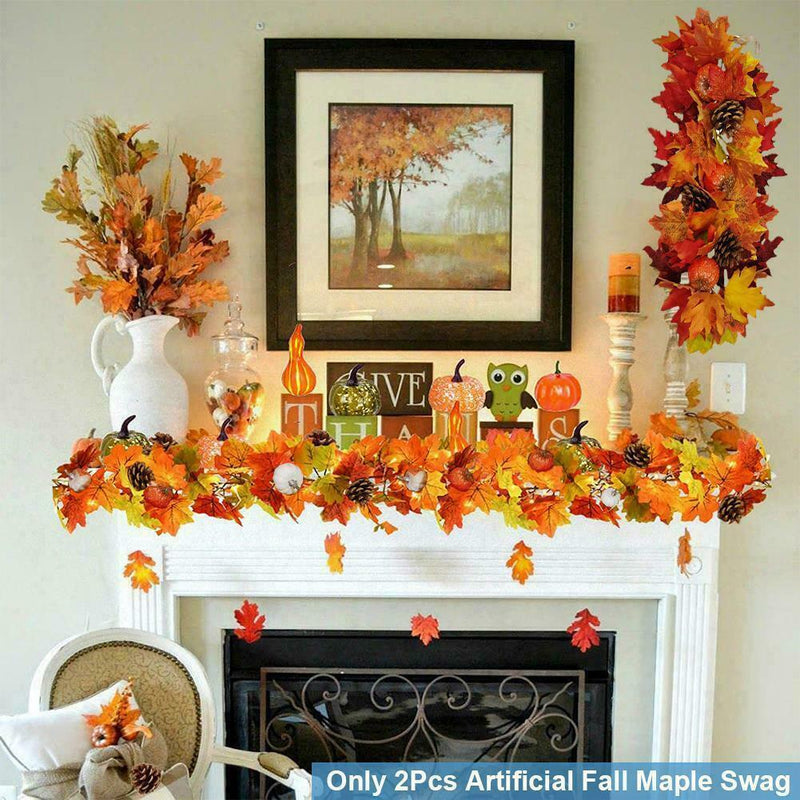 2 pc Artificial Maple Leaf Garlands Autumn Hanging Thanksgiving Christmas Z2H5