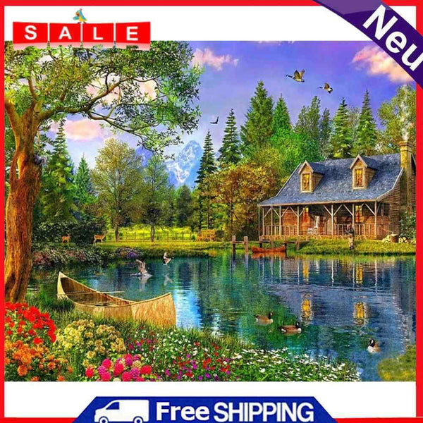 Painting By Numbers Kit DIY Lakeside Cottage Canvas Oil Art Picture Ornaments
