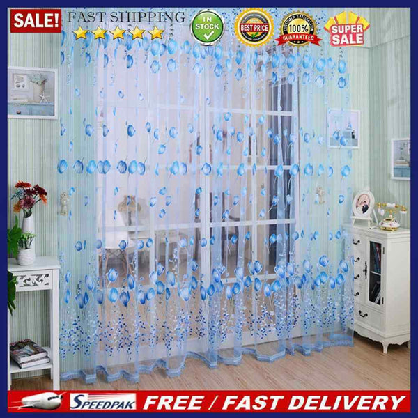 2pcs Tulip Flower Yarn Sheer Window Curtain Scarf Drapes(Blue)