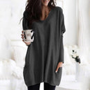 Spring Women Long Sleeve T-shirt V-neck Tops Pocket Solid Color Loose Blouses